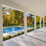 Modern Covered Patio Overlooking Autumn Pool